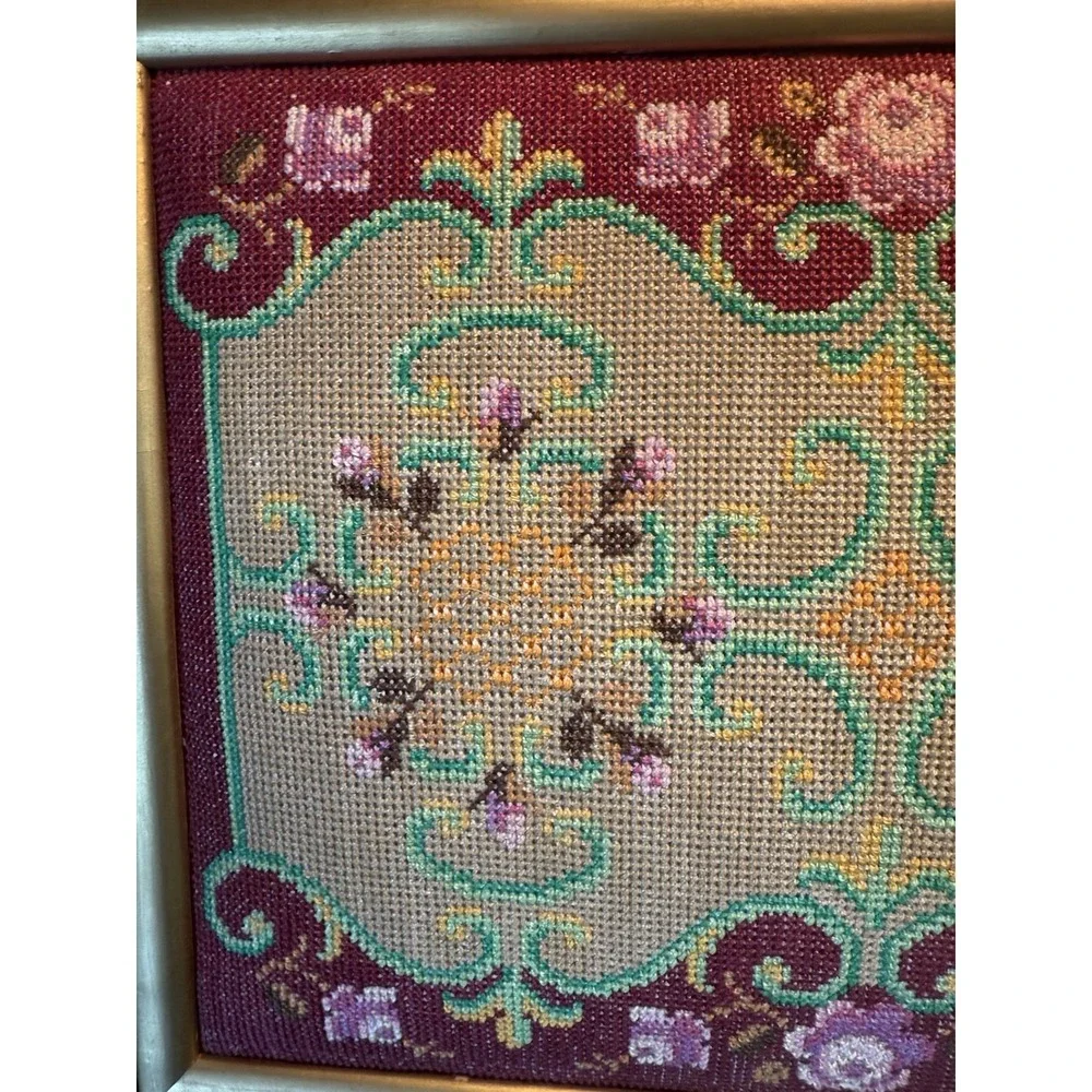 Vintage Floral Needlepoint Framed Picture Burgundy Pink‎ Yellow Green 19